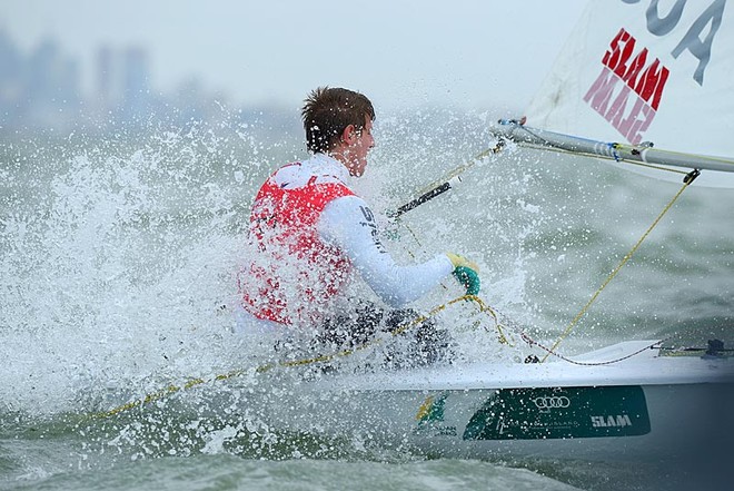 Matthew Wearn (AUS)  Laser class<br />
Oceanic Leg of the ISAF Sailing World Cup 2012<br />
Sandringham Yacht Club, Victoria AUSTRALIA<br />
December 2nd - 8th, 2012 <br />
© Sport the library /  ©  Andrea Francolini Photography http://www.afrancolini.com/